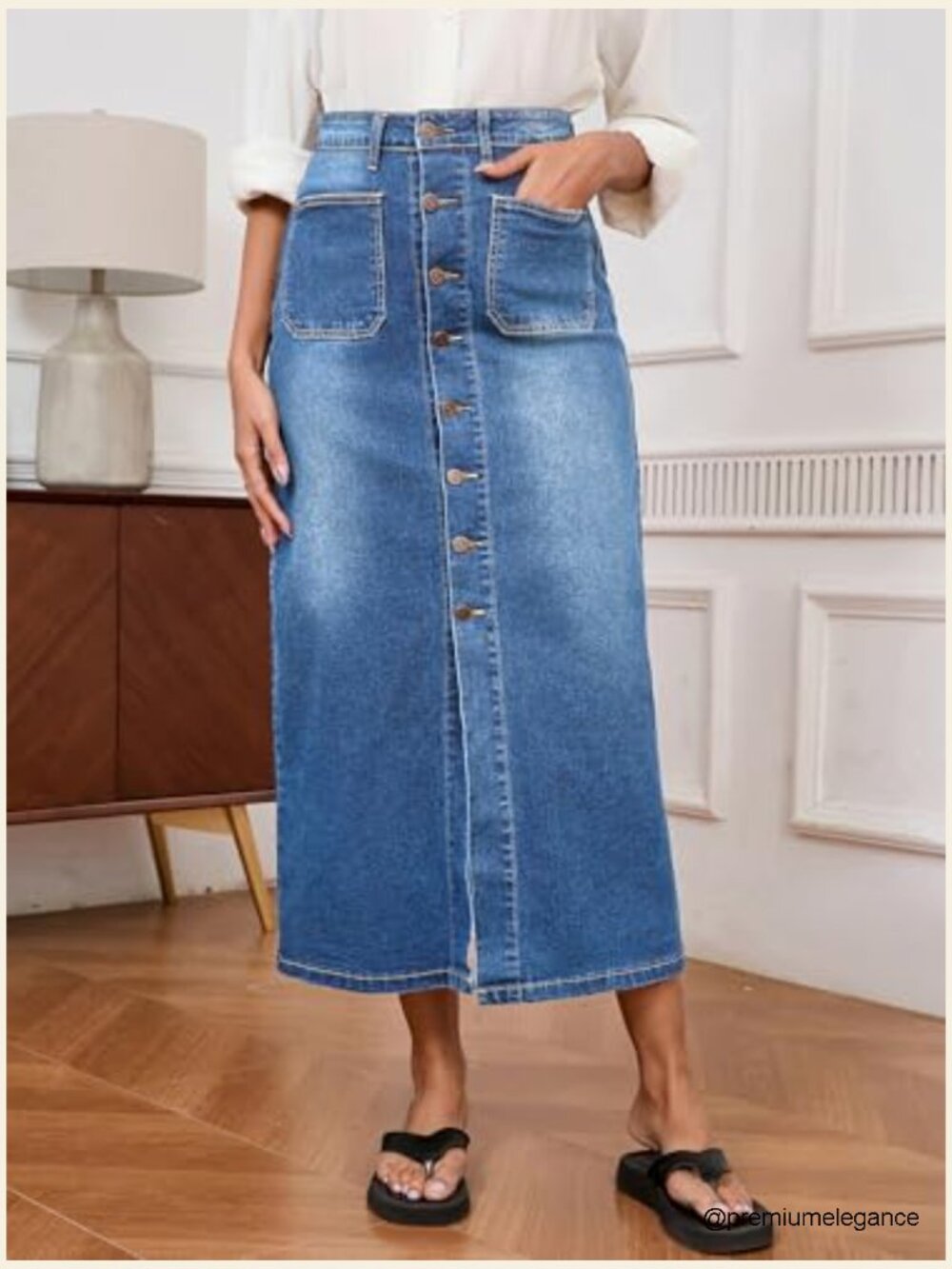 High Waist Stretch Midi Denim Jean Skirt with Pockets - Picture 2 of 5